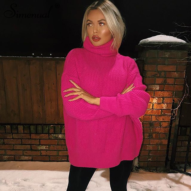 Simenual Knitwear Turtleneck Autumn Winter Sweaters Women Neon Color Long Sleeve Jumpers Fashion 2019 Casual Basic Slim Pullover